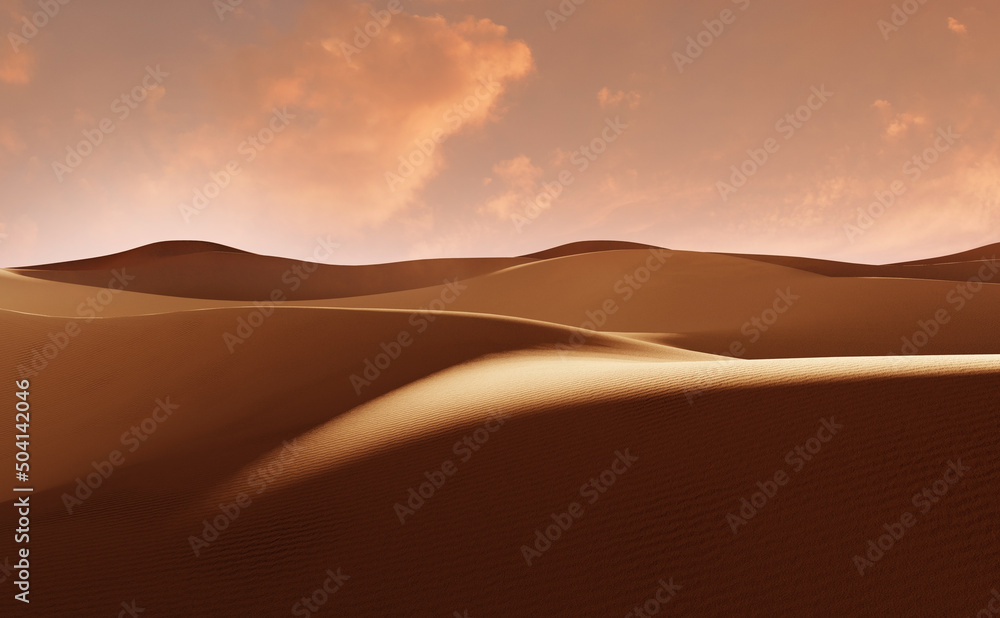 Panorama of sand dunes Sahara Desert at sunset. Endless dunes of yellow sand. Desert landscape Waves sand nature - obrazy, fototapety, plakaty 