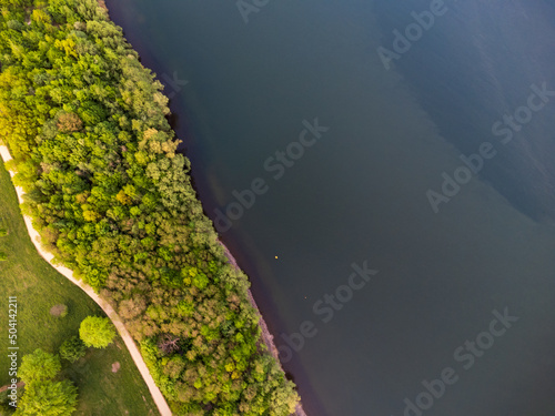 aerial view of the banks of Lake Olbersdorf (Olbersdorfer See) near Zittau. Lake Olbersdorf is a flooded former brown coal pit near the Polish and Czech border in Germany