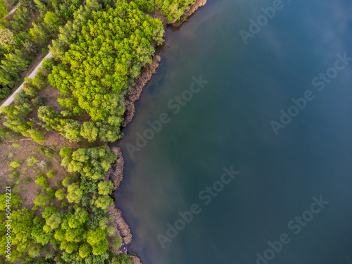 aerial view of the banks of Lake Olbersdorf (Olbersdorfer See) near Zittau. Lake Olbersdorf is a flooded former brown coal pit near the Polish and Czech border in Germany