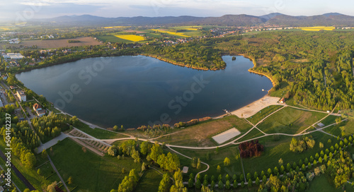 scenic Aerial view of a panorama of Lake Olbersdorf (Olbersdorfer See). This lake is a flooded former brown coal pit now a recreational lake near Zittau