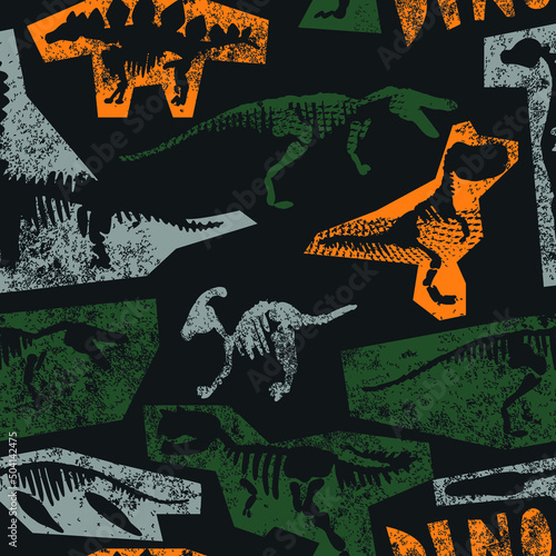 Seamless pattern with abstract dinosaurs skeleton. Background with dino for textile, fabric, kids, boy, wrapping paper, Web, clothes, socks and other design.