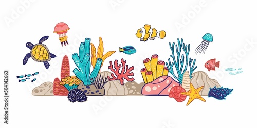 Horizontal composition of elements of underwater world isolated on white. Group of corals, fish, marine animals, plants, stones, algae for invitations, postcard, covers. Cartoon vector illustration
