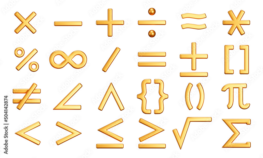 Math symbol icon set. Mathematical symbol for working with calculations. Isolated 3d gold icons, objects on a transparent background - obrazy, fototapety, plakaty 