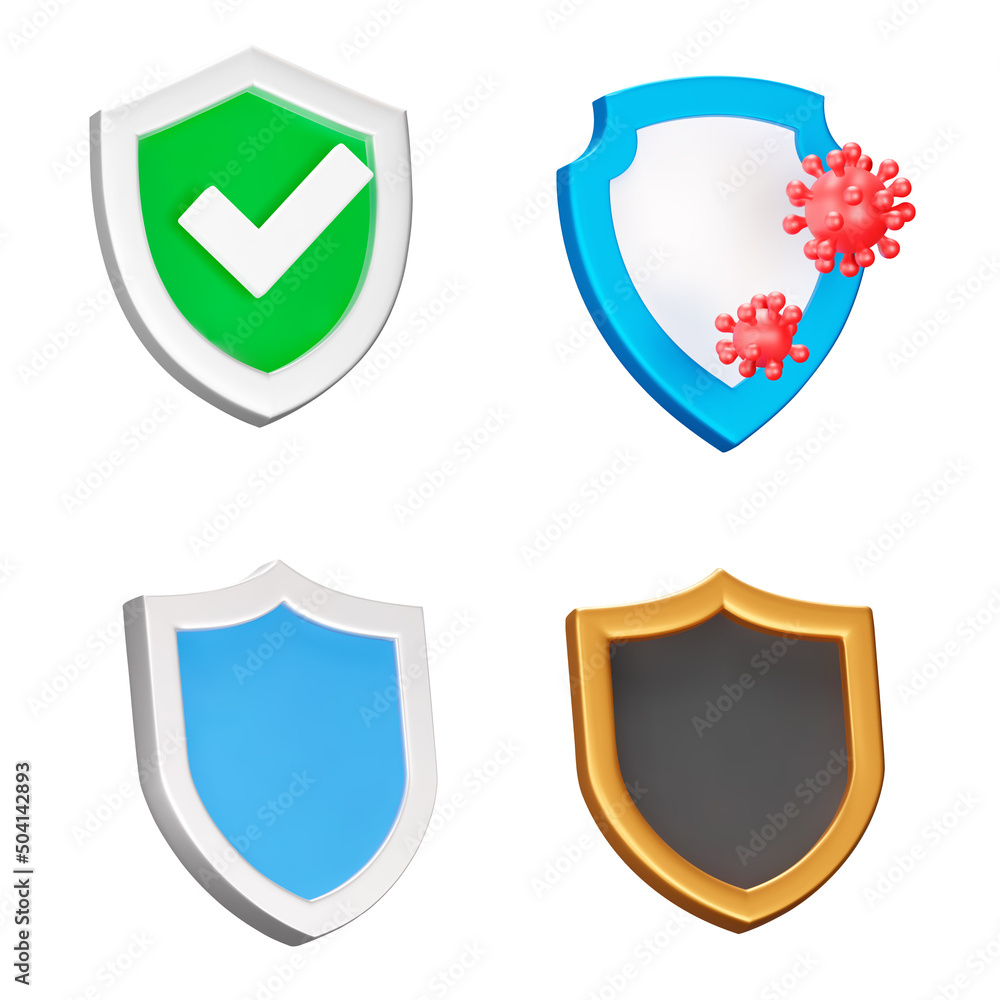 Shield icon set. Shields with a check mark, virus protection, gold. Isolated 3d icons, objects on a transparent background Shield icon set. Shields with a check mark, virus protection, gold. Isolated 3d icons, objects on a transparent background