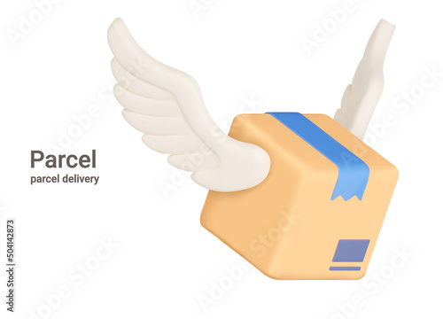 Parcel. Delivery box with wings. Isolated. Fast delivery of purchases, logistics service. 3d object on a transparent background