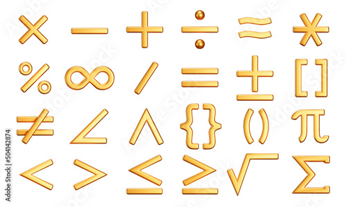 Math symbol icon set. Mathematical symbol for working with calculations. Isolated 3d gold icons, objects on a transparent background