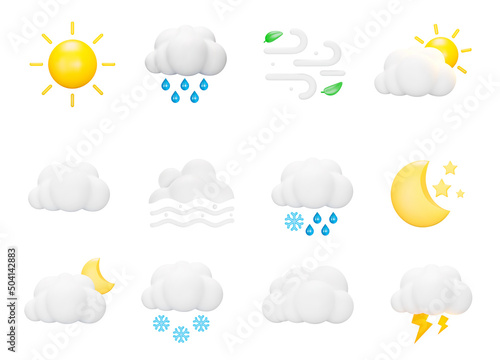 Weather icon set. Natural phenomena, precipitation, sun rain, snow, lightning, and others. Isolated 3d icons, objects on a transparent background
