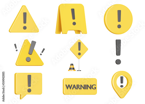 Warning sign set. Cautioning signs of various shapes. Isolated 3d object on a transparent background