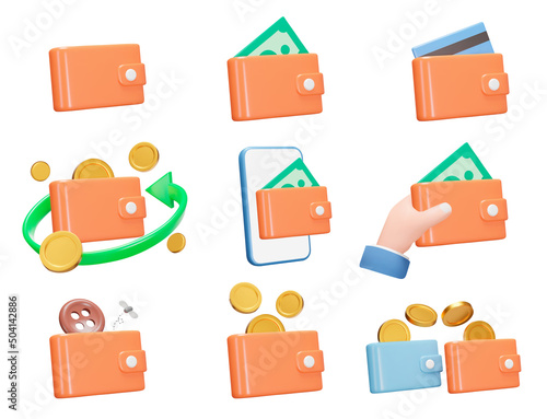 Wallet with money icon set. Cash currency, bank card, cashback, coins and money transfers. Isolated 3d icons, objects on a transparent background