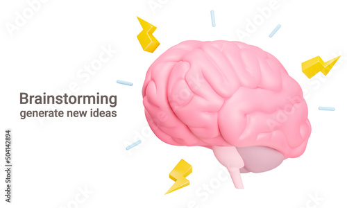 Brainstorming banner. The brain strains, lightning and rays. Finding a creative idea, solving a problem, having an epiphany. Isolated 3d object on a transparent background