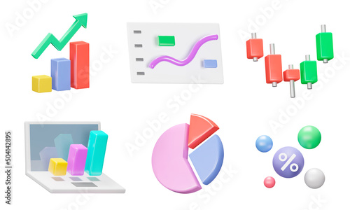 Charts and graphs icon set. Graph and chart . Pie , Line , Candlestick Chart. Planning and visualization of statistics. Isolated 3d icons, objects on a transparent background