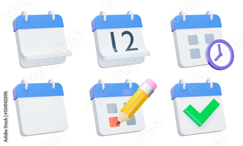 Calendar icon set. Calendars with a bent or straight page, date, time, highlight important date, check mark. Isolated 3d icons, objects on a transparent background