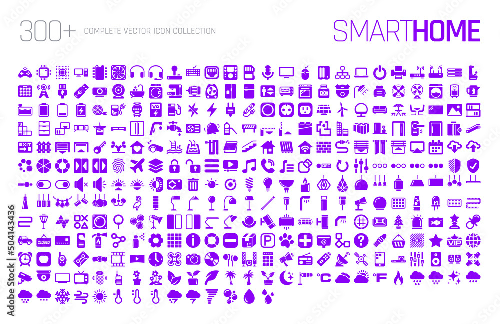 Collection of 300+ SMART HOME icons - BIG Set for control of lighting, heating, air conditioning, house automation, weather status and many more. Design Single File SVG/AI Vector illustration. Collection of 300+ SMART HOME icons - BIG Set for control of lighting, heating, air conditioning, house automation, weather status and many more. Design Single File SVG/AI Vector illustration.