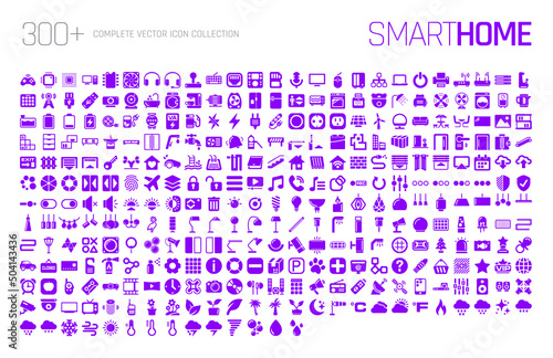 Collection of 300+ SMART HOME icons - BIG Set for control of lighting, heating, air conditioning, house automation, weather status and many more. Design Single File SVG/AI Vector illustration.