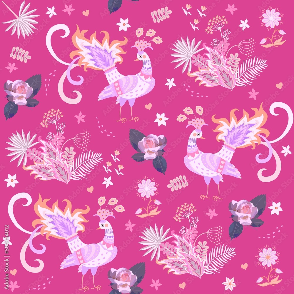 Sweet seamless pattern with fabulous peacocks, flowers, tropical leaves, hearts on magenta background in vector. Natural print for fabric in folklore style. Russian, Indian motifs.