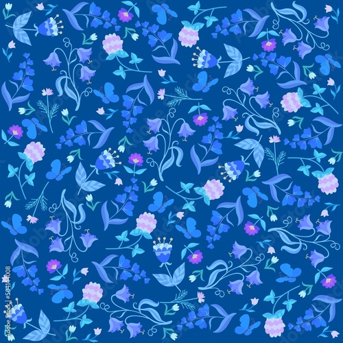 Romantic seamless flower ditsy vector ornament with small and tiny flowers and butterflies in blue, lilac and green colors on a blue background. Beautiful natural print for fabric.