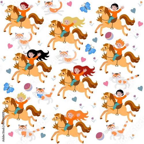 Wonderful seamless pattern for baby bedding with boys and girls riding small horses, cute cartoon cats, balls, hearts, flowers isolated on a white background. Vector illustration. Print for fabric.