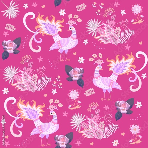 Sweet seamless pattern with fabulous peacocks  flowers  tropical leaves  hearts on magenta background in vector. Natural print for fabric in folklore style. Russian  Indian motifs.