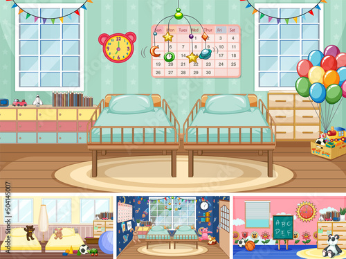 Set of different kindergarten classroom scenes