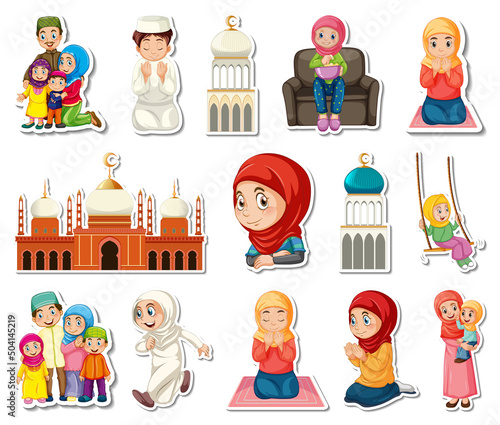 Sticker set of Islamic religious symbols and cartoon characters