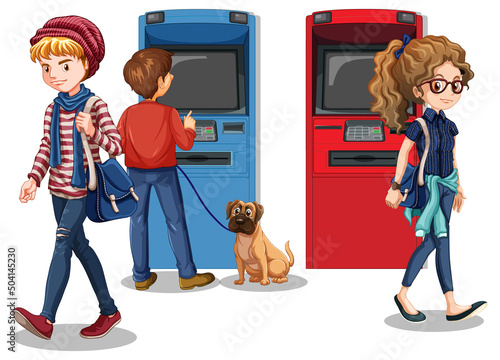 ATM machine with people cartoon character