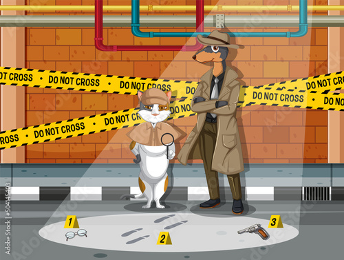 Detective cat and dog looking for clues in template