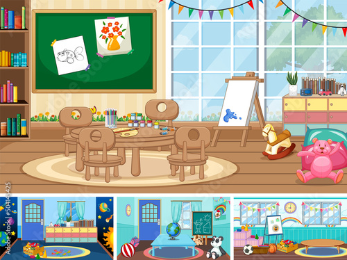 Set of different kindergarten classroom scenes