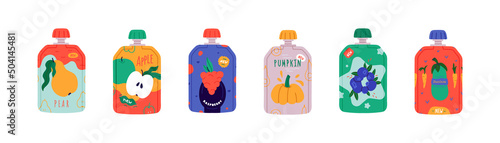 Set of cute fruit puree packaging. Baby food vector concept. Mash with berries, pear, apple, pumpkin, zucchini, carrot. Tasty kid lunch to go with different flavours. Pouch product design labels. 