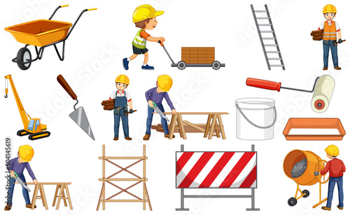 Set of construction site objects and workers