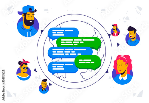 vector illustration of bubbles for a message in a group chat messenger between people all over the world