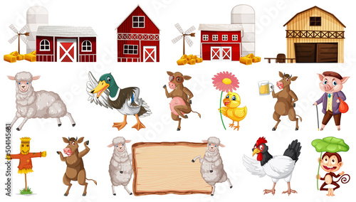 Barn buildings and many farm animals