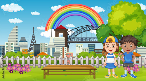 Park scene with happy kids