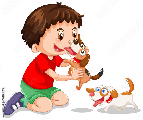 A boy playing with his dogs