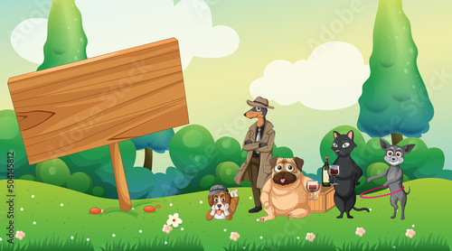 Set of different domestic animals in nature park