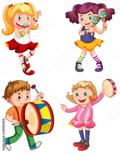 Set of girls playing different music instruments