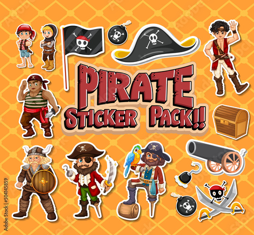 Sticker pack of pirate cartoon characters and objects
