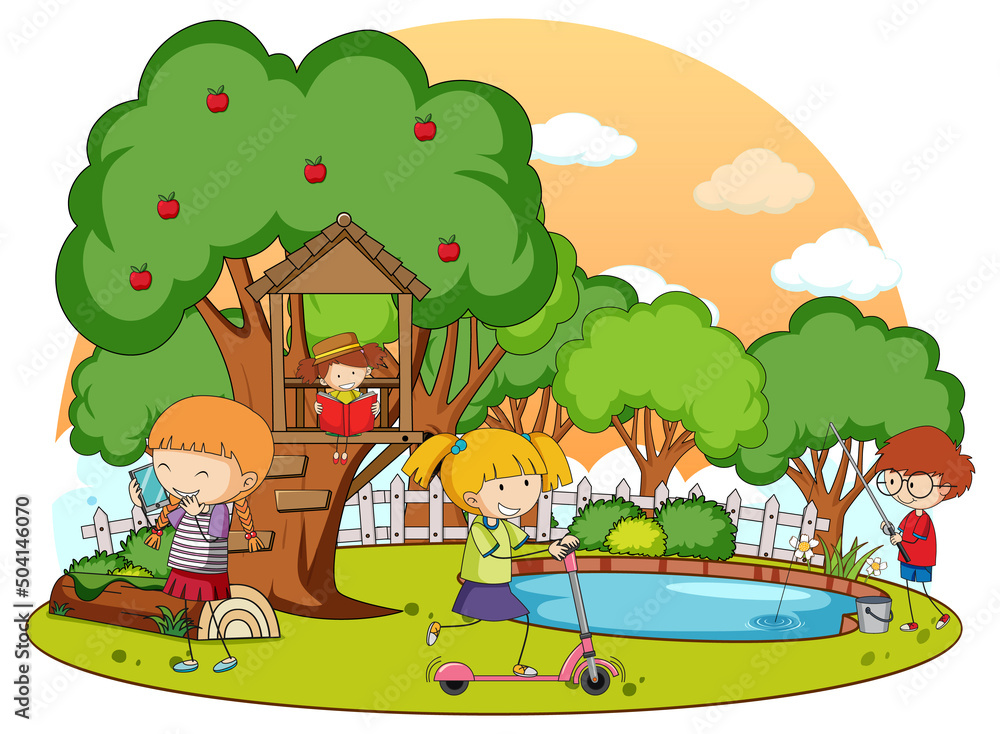 Fototapeta premium A simple tree house with kids in nature background
