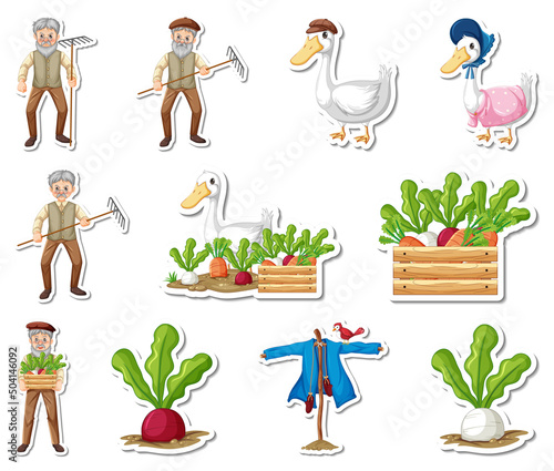 Sticker set of farm objects and farmer cartoon characters