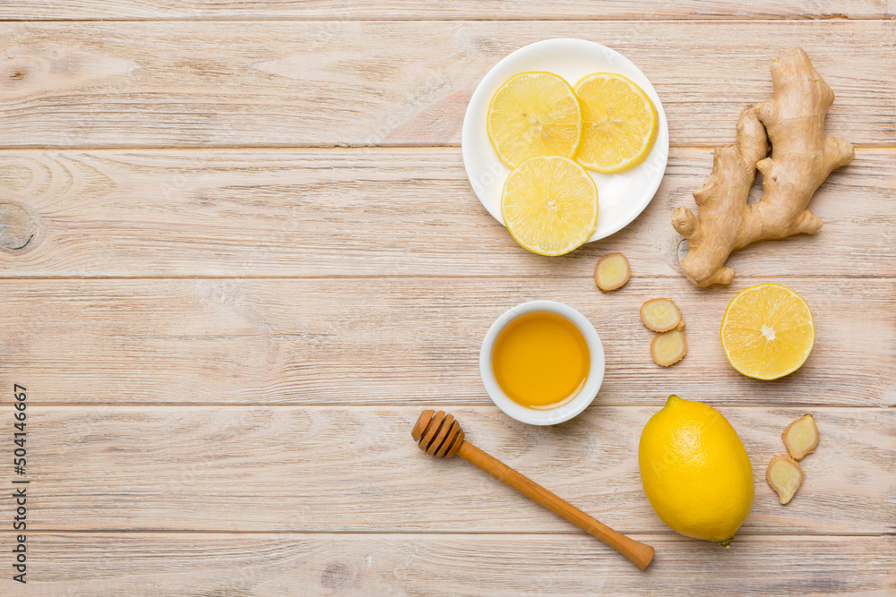 Natural cold and flu home remedies. Natural ingredients for immunity stimulation and viruses protection. top view flat lay Natural cold and flu home remedies. Natural ingredients for immunity stimulation and viruses protection. top view flat lay