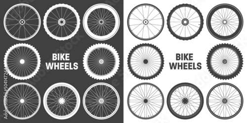 White bicycle wheel symbols collection. Bike rubber tyre silhouettes. Fitness cycle, road and mountain bike. Vector illustration.