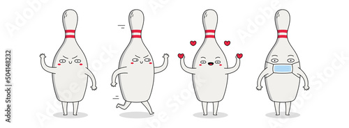 Cute bowling pin cartoon character set 1 of bowling pin waving hand, running, spreading love and wearing a mask