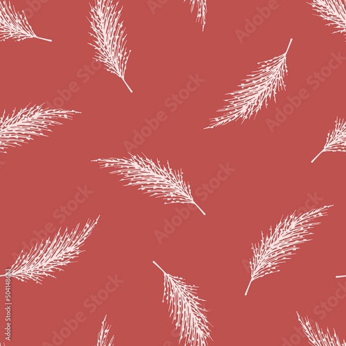 Simple vector seamless pattern. Light pink inflorescences of a pampas grass panicle on a burgundy background. For printing on fabric, wallpaper, interior items, textiles.