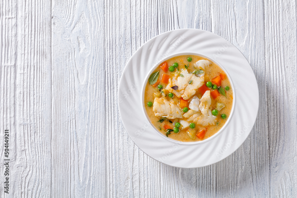 white fish chowder with green peas, potatoes white fish chowder with green peas, potatoes