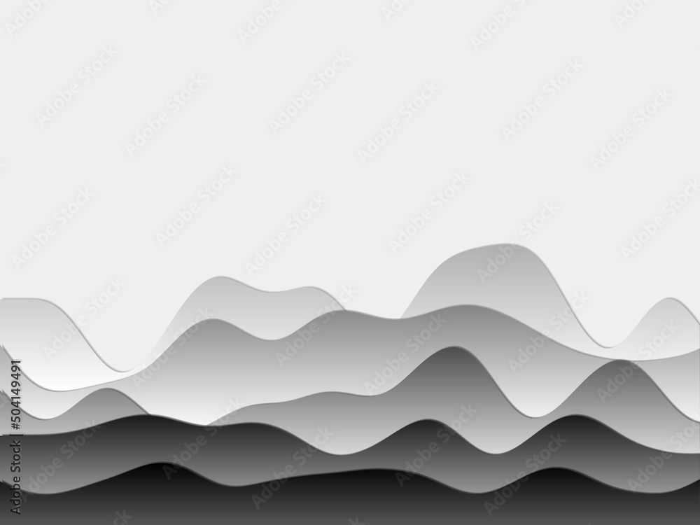 Abstract mountains background. Curved layers in grey colors. Papercut style hills. Superb vector illustration.