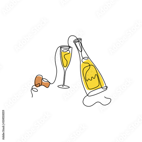 Continuous line art wine bottle, glass and cork on white background. Vector illustration for restaurants and bars decoration and holiday design.