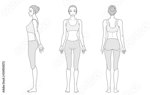 女性全身図　黒い線　グレースケール　前　横　後ろ　セット