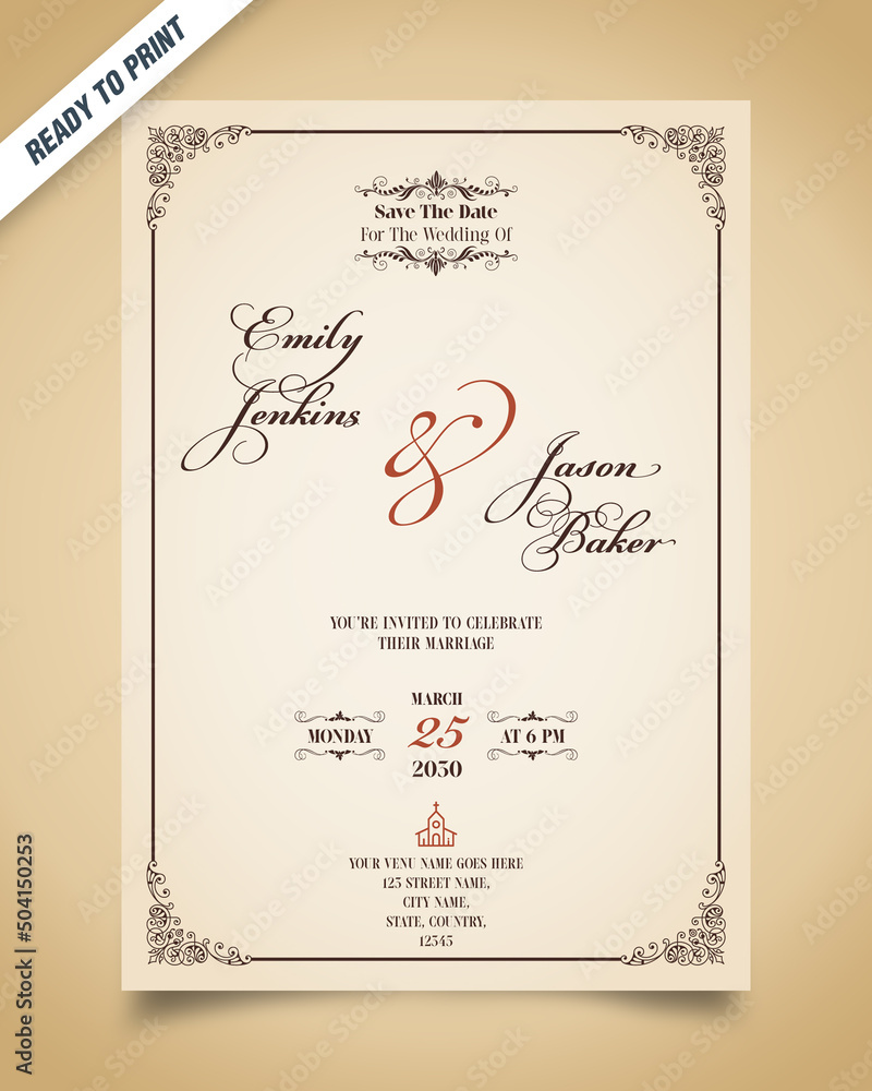Clean look vintage bordered wedding invitation card vector template