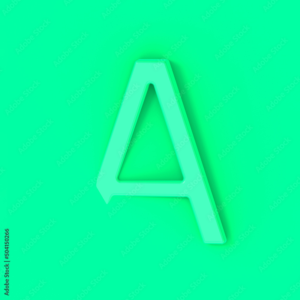 Letter A Is green on greeen background. Part of letter is immersed in background. Square image. 3D image. 3D rendering. Letter A Is green on greeen background. Part of letter is immersed in background. Square image. 3D image. 3D rendering.