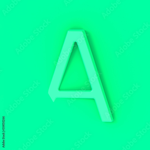 Letter A Is green on greeen background. Part of letter is immersed in background. Square image. 3D image. 3D rendering.