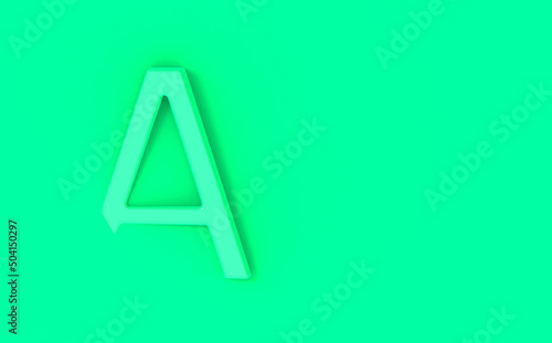 Letter A Is green on greeen background. Part of letter is immersed in background. Horizontal image. 3D image. 3D rendering.